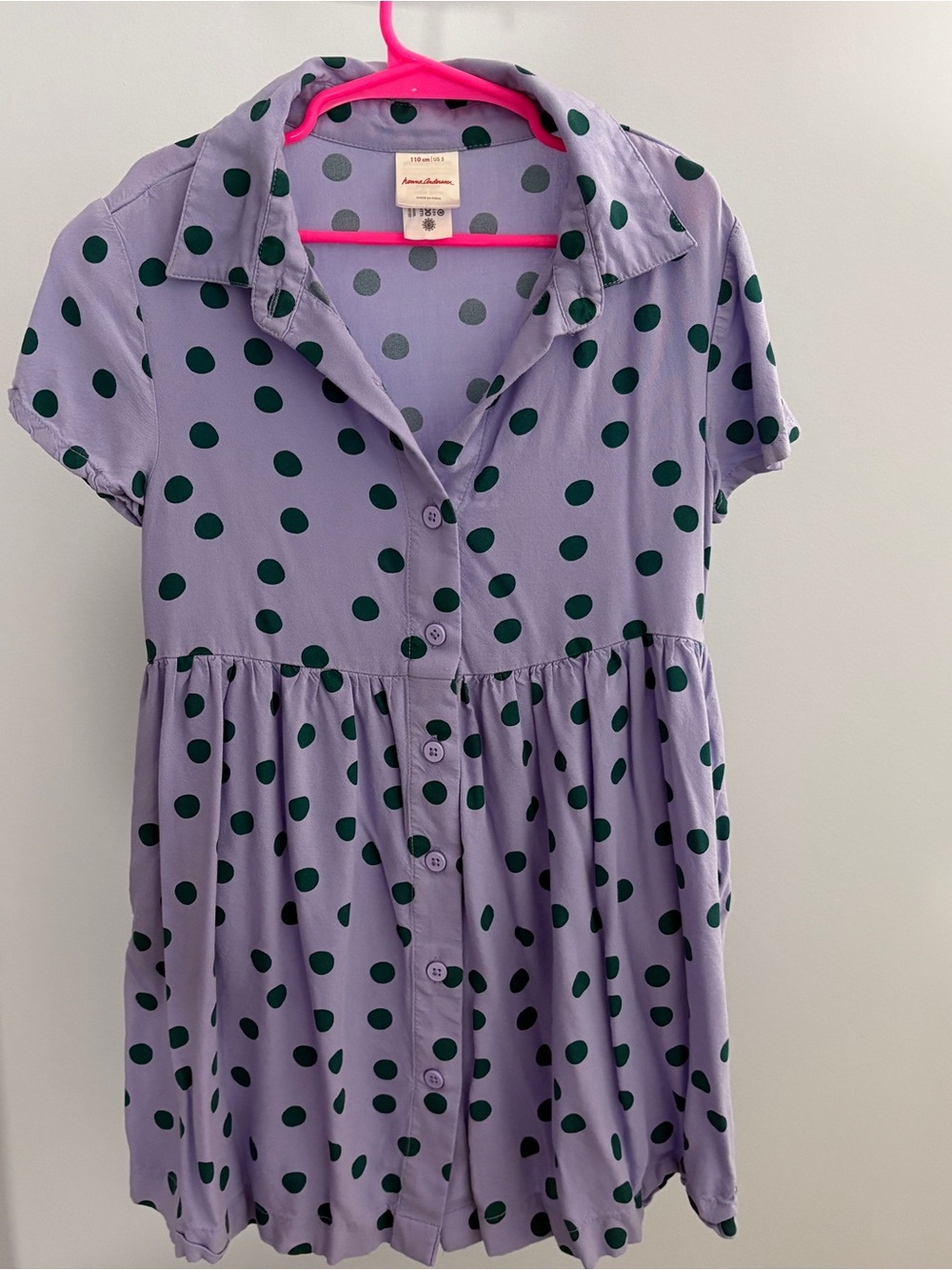 Hanna Andersson Lavender Short-Sleeve Button Dress with Dark Green Polka Dots